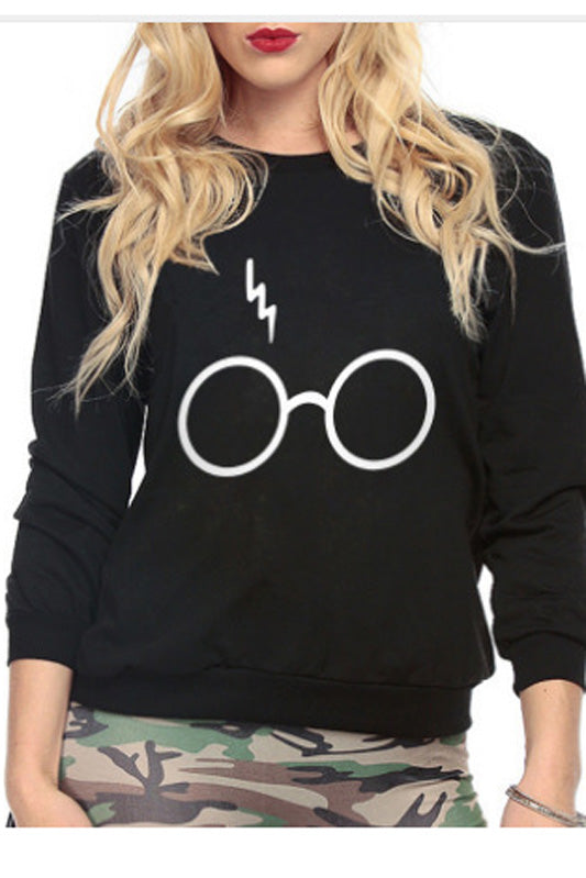 Glasses Print Round Collar Long Sleeves Sweatshirt