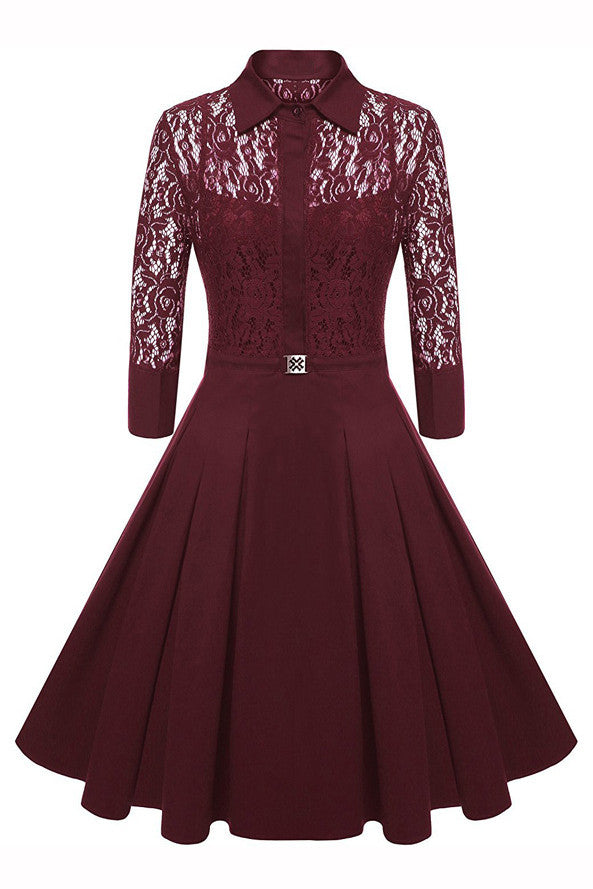 Lace Long Sleeves Solid Splicing Pleated Short Dress