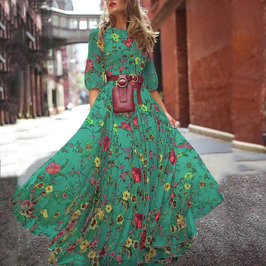 Retro Floral Half Sleeve Maxi Dress