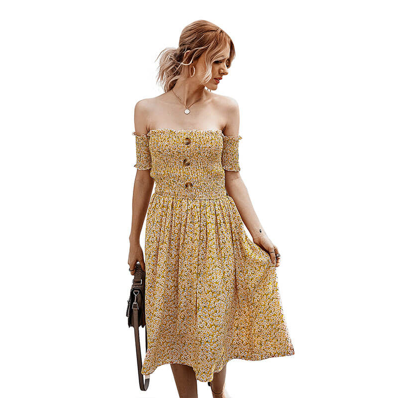 Off Shoulder Floral Smocking Knee Length Dress