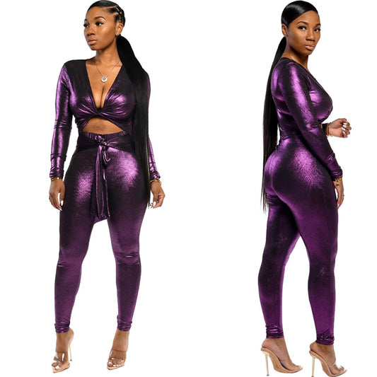 Plus Size Long Sleeves V Neck Strap Skinny Jumpsuit