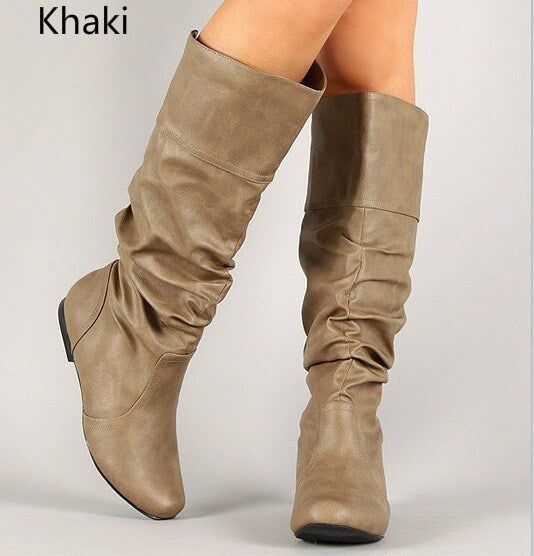 Leather Mid Calf Fold Flat Boots