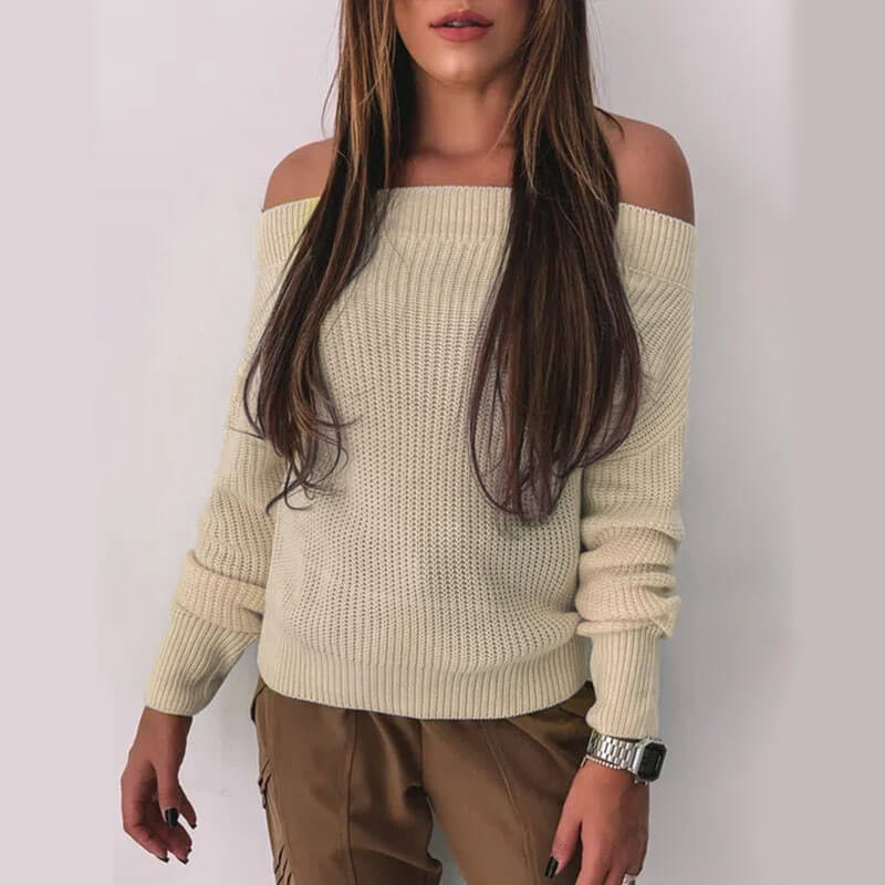 Off Shoulder Solid Knitted Sweater