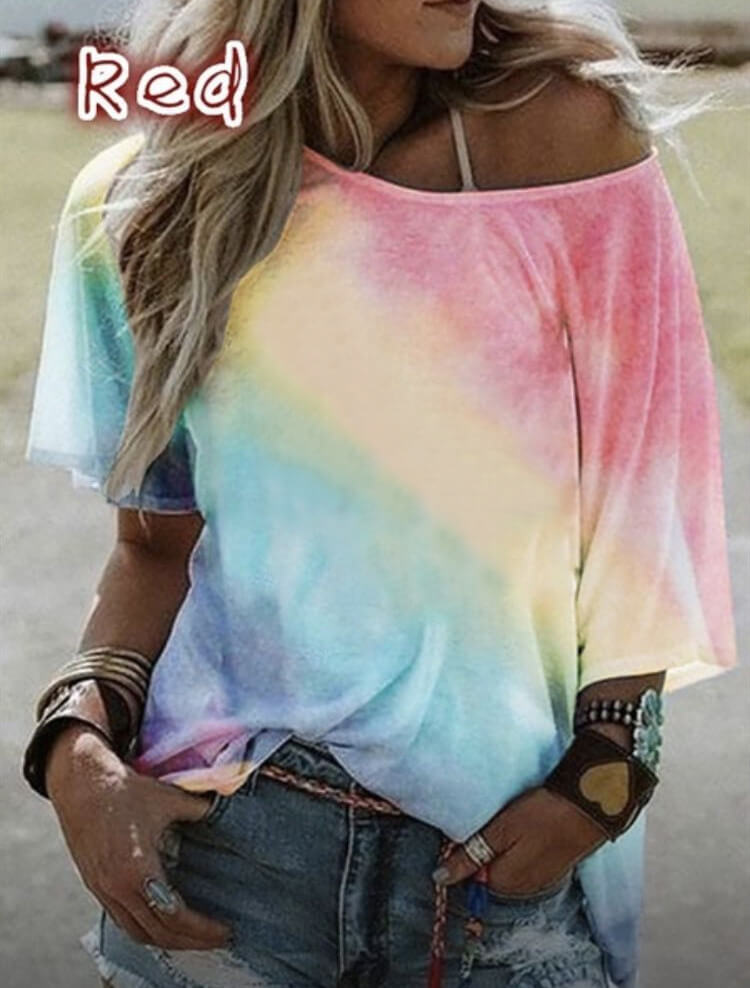 Summer Tie Dye Color Block Loose Bat T-shirts