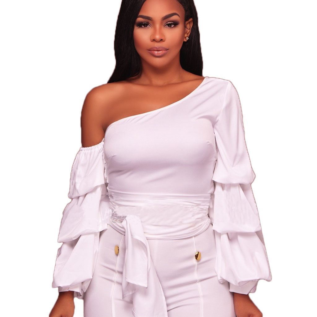 Slim One Shoulder Bandage Long Ruffles Sleeves Blouse