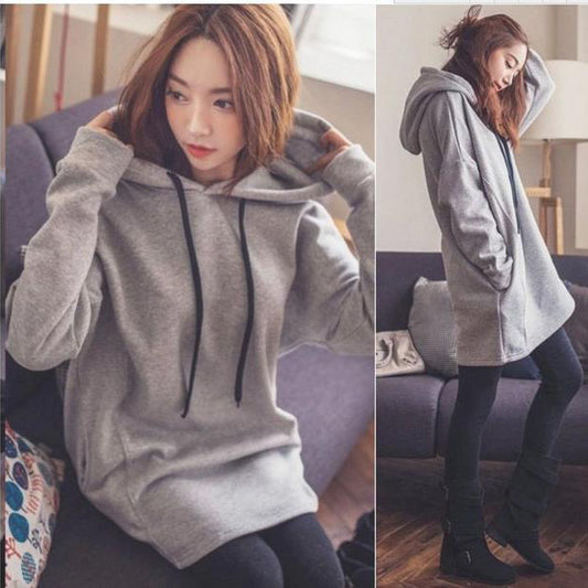 Pure Color Drawstring Pocket Long Loose Hoodie