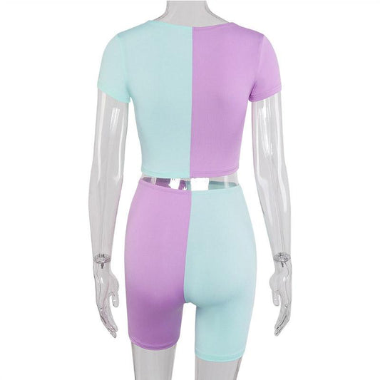 Sexy Color Block Short Sleeve Bodycon Two Pieces Set