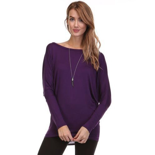 Scoop Pure Color Long Batwing Sleeves Loose Blouse