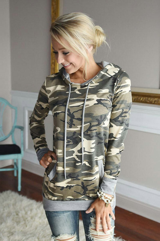 Camouflage Long Sleeves Drawstring Patchwork Hoodies