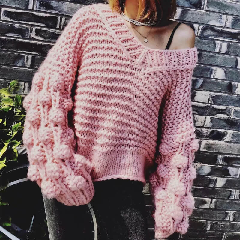 V Neck Balloon Sleeve Pullover Sweater