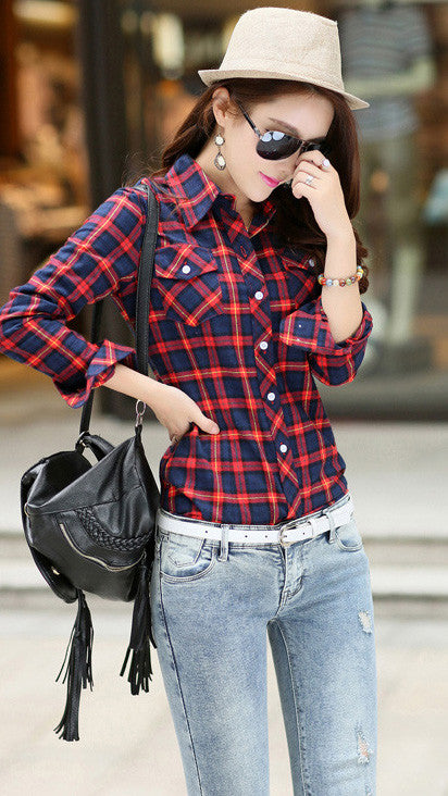 Turn-down Collar Plaid Flower Print Long Sleeves Slim Button Blouse