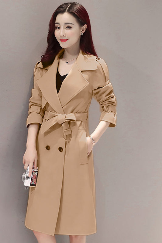 Simple Style Pure Color Lapel Belt Slim Long Coat