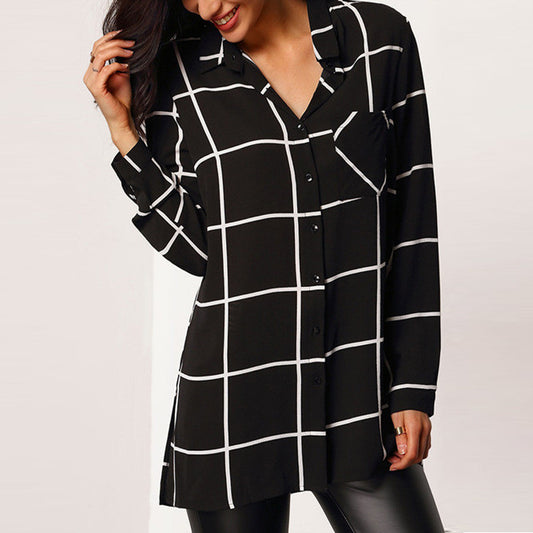 V-neck Plaid Button Long Sleeves Blouse