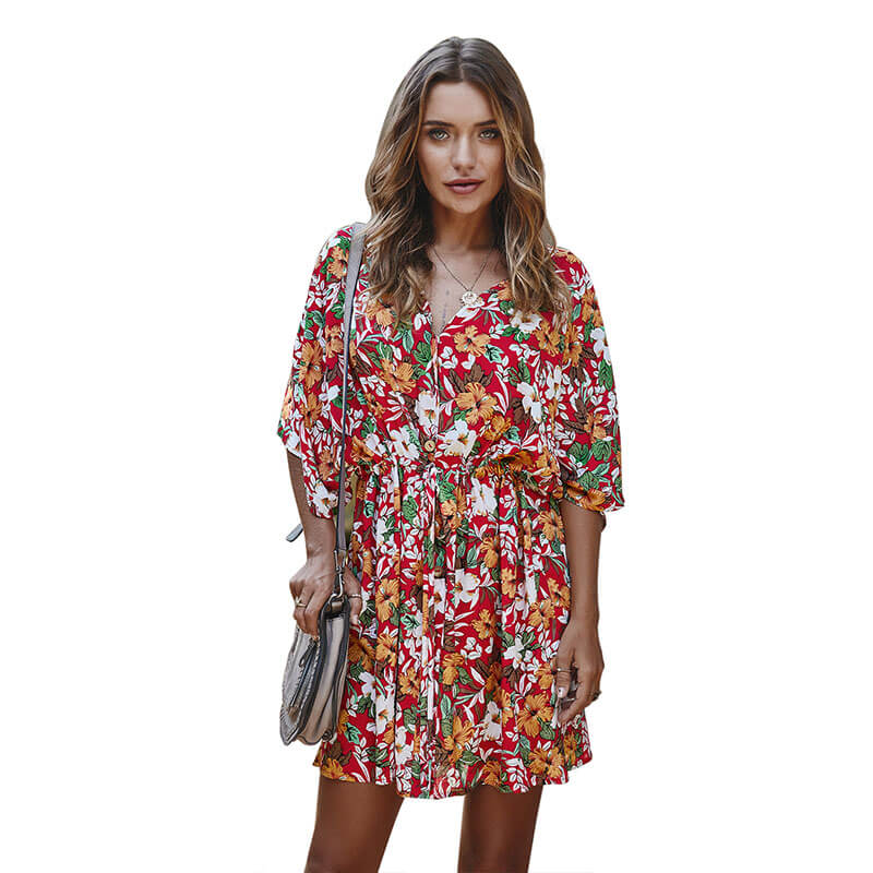 Half Sleeve Floral Dobby Short Beach Dress