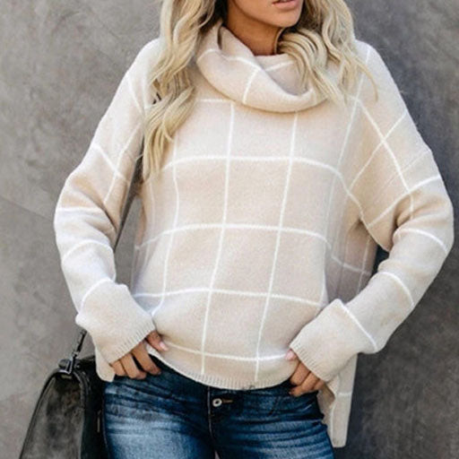 Loose Turtleneck Plaid Low High Pullover Sweater