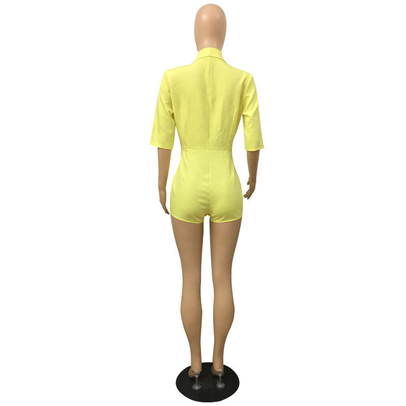 Sexy Yellow V Neck Half Sleeves Suit Rompers