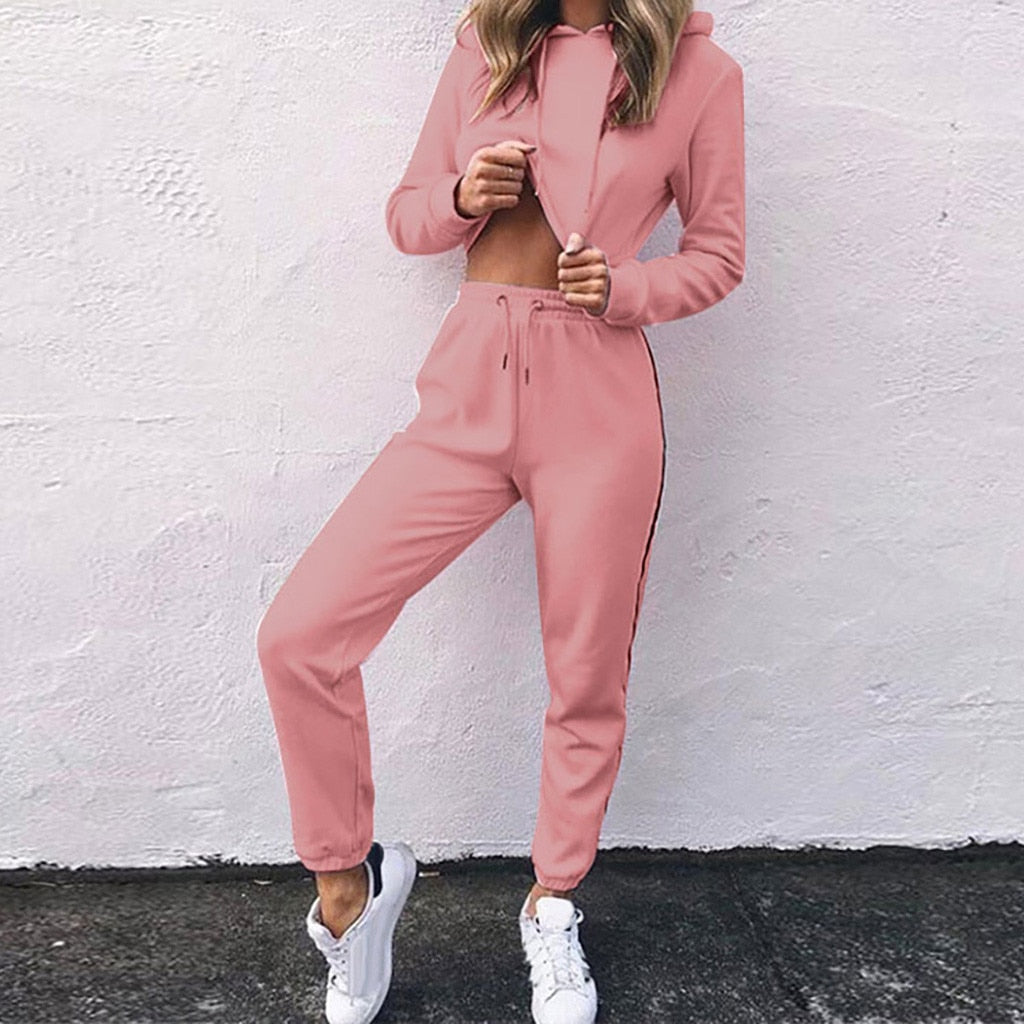 Autumn  Women S Sports Suits Pink Yoga Suit Fashion Women Long Sleeve Bandage Stripe Splice Hooded Sweatshirt Tops Pants Set