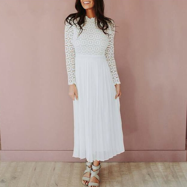 Turtleneck Lace Splice Pleated Maxi Dress