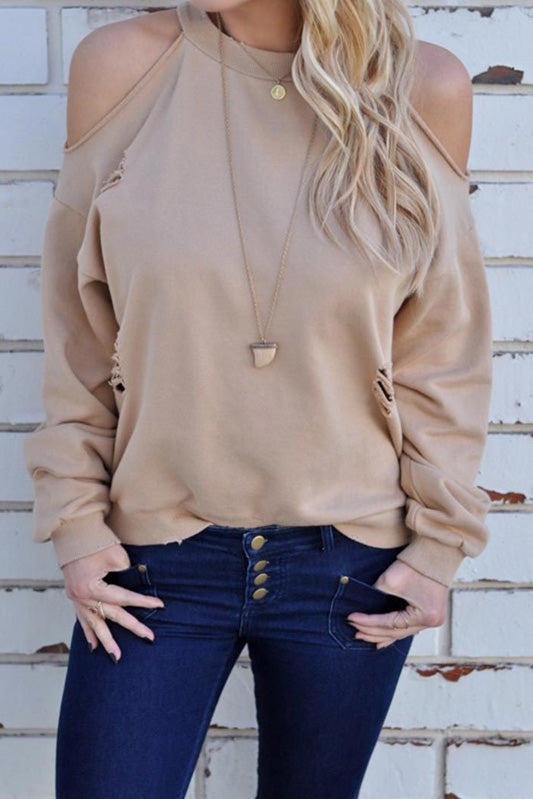 Bear Shoulder Cut Out Loose Pure Color Sweatshirt