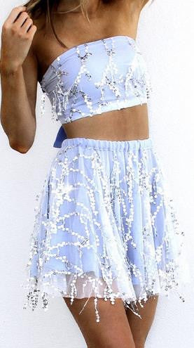 Strapless Crop Top Short Skirt Melon Seeds Sequin Dress Set