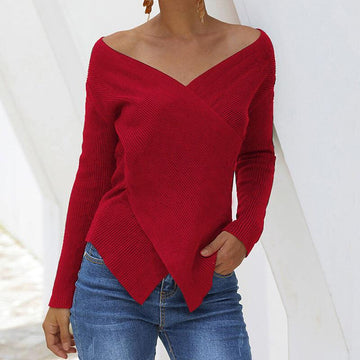 V Neck Patchwork Asymmetric Knit Sweater