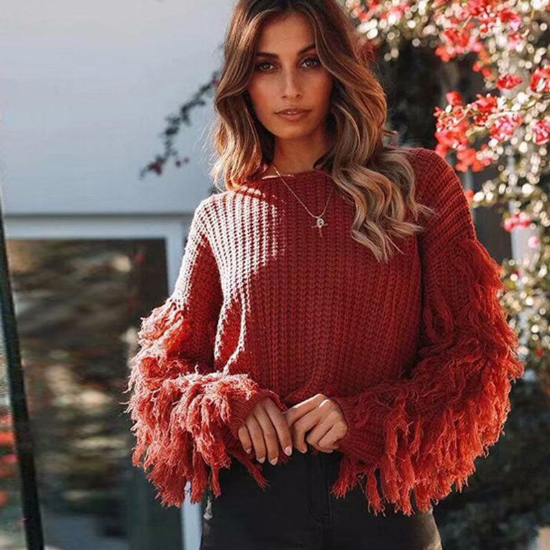 Loose Fringed Sleeve Crochet Pullover Sweater