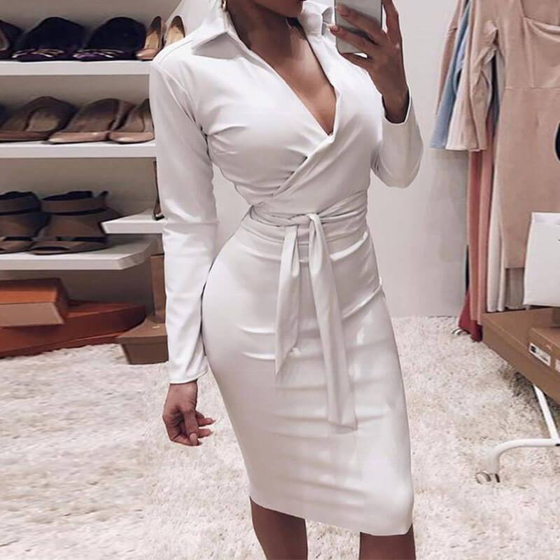 PU Skinny Tie Waist Midi Leather Dress