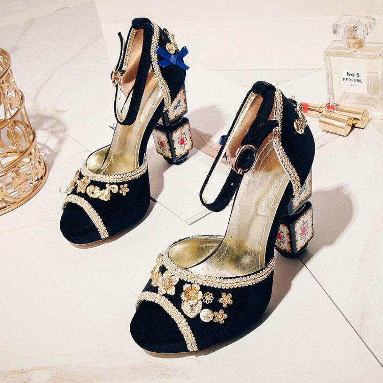 Party Suede Peep Toe Embellished Chunky Heel Sandals