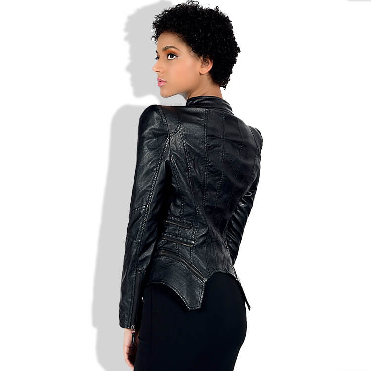 Black Leather Lapel Moto Jacket