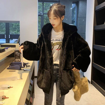 Faux Fur Pure Color Zip Up Coat