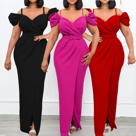 Solid Color V-Neck Sexy Bodycon Maxi Suspender Dress