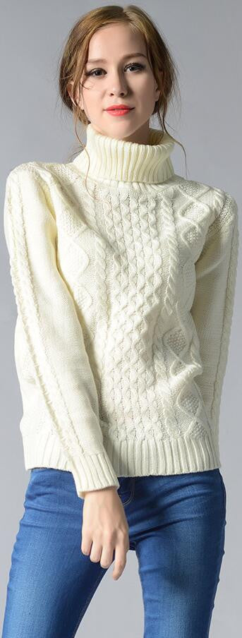 Casual High-Neck Braid Knitting Slim Sweater