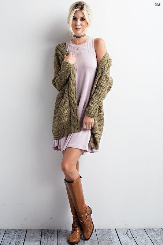 Cable Pockets Solid Color Long Cardigan