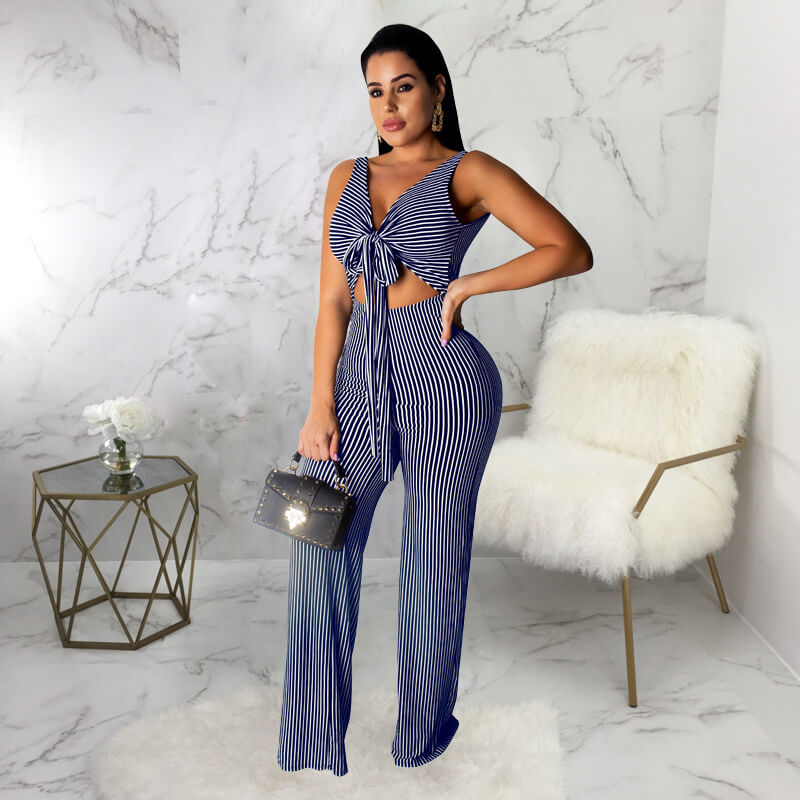 Stripe Wide Leg Backless Summer Jumpsuits