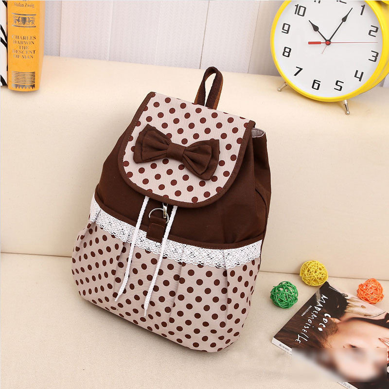 Lovely Bowknot Polka Dot Canvas Bucket Drawstring School Backpack