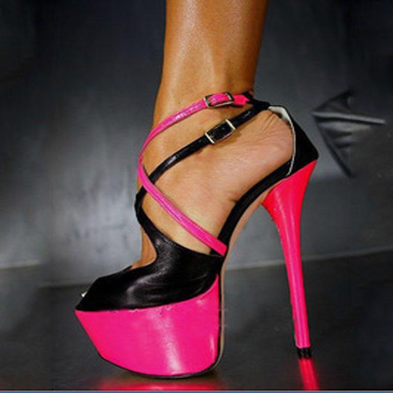 Leather Peep Toe Platform Color Block High Heel Sandals