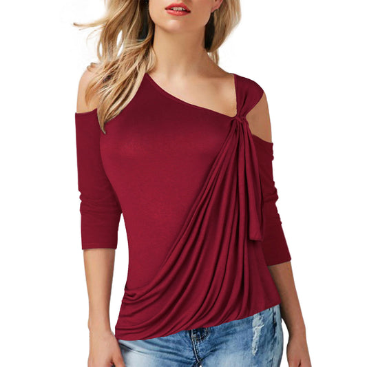 Cut Out Bear Shoulder Ruffles Slim T-shirt