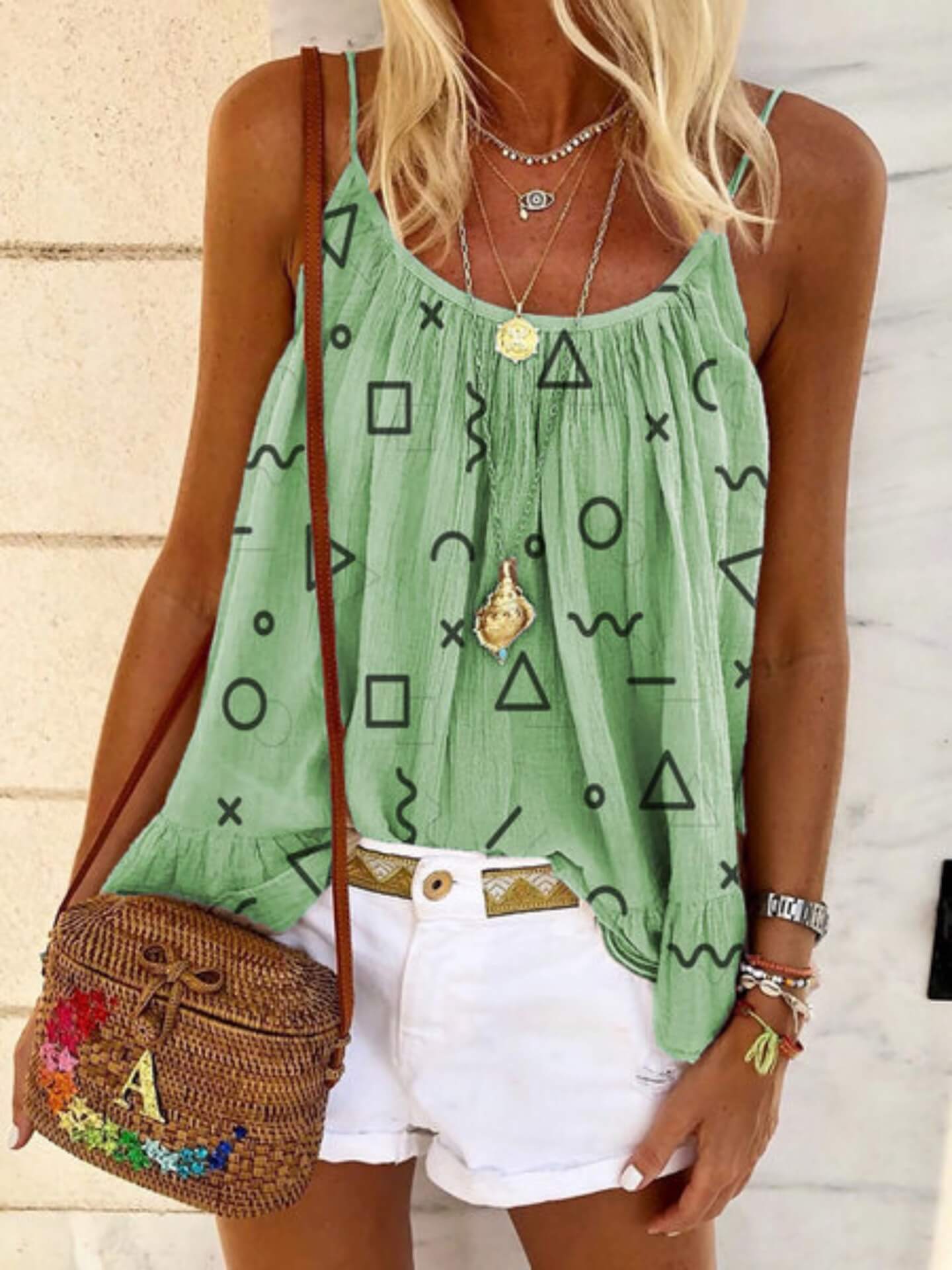 Summer Loose Print Spaghetti Strap Sleeveless T-shirts