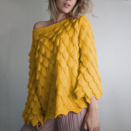 Hollow Out Feather Scoop Neck Sweater  