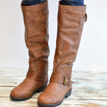 Retro Long Buckled Leather Vintage Boots