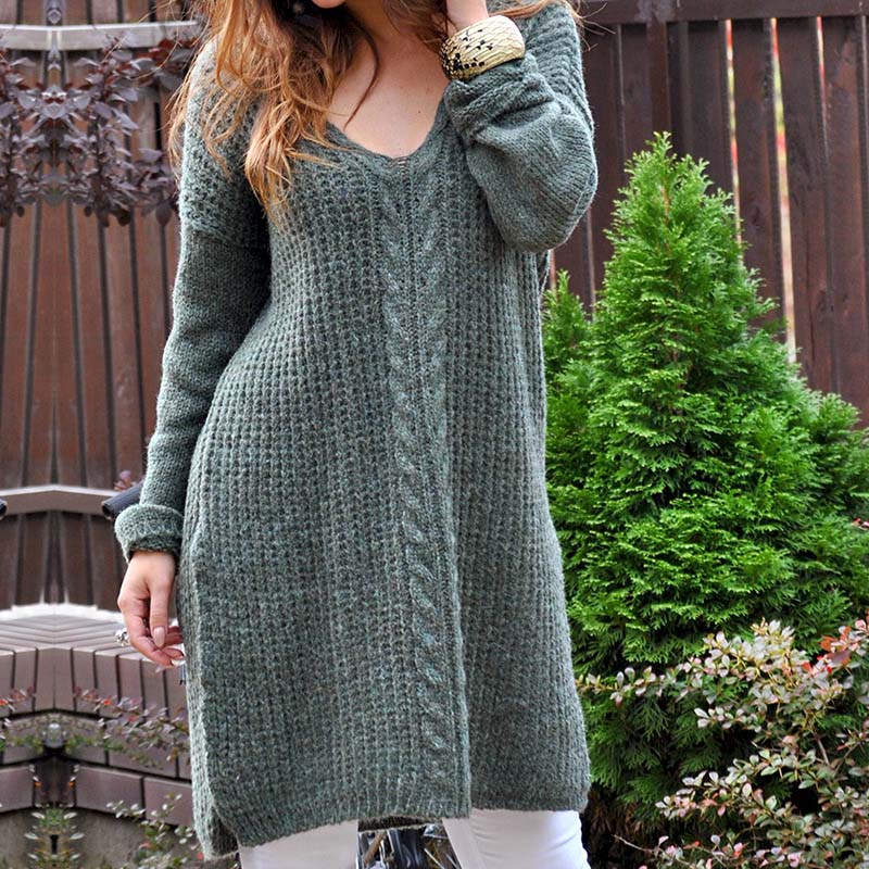 V Neck Slit Cable Knitted Oversized Sweaters