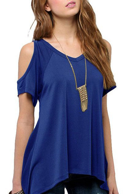 Scoop Bear Shoulder Irregular Pure Color Short Sleeves T-shirt