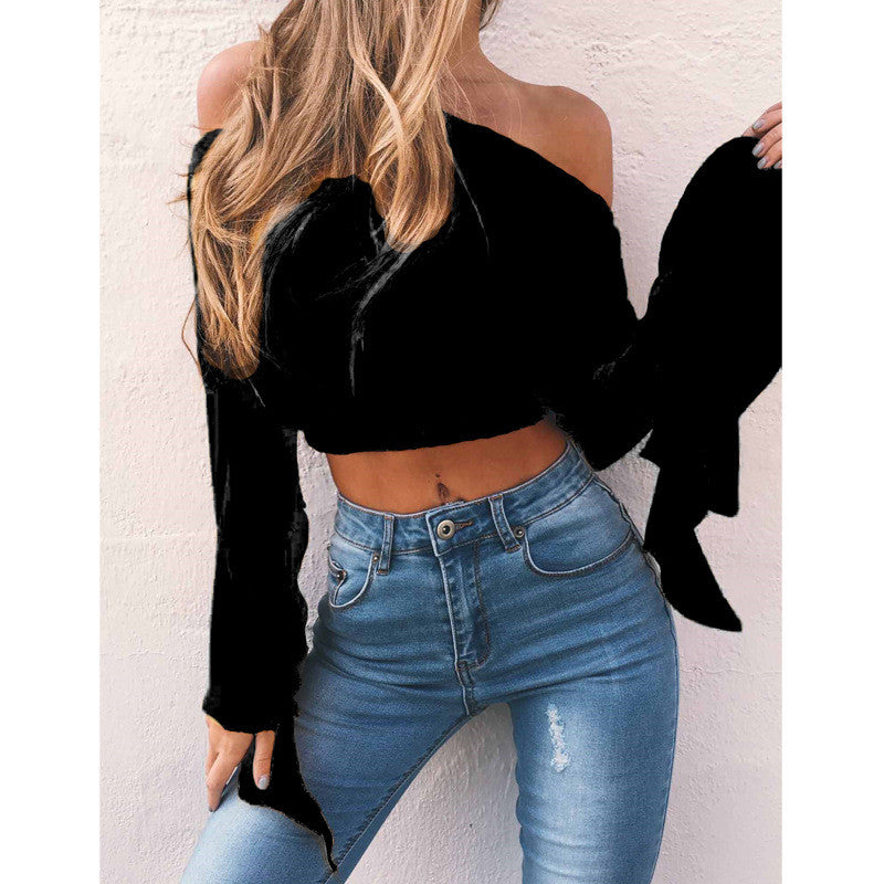 Off Shoulder Candy Color Long Trumpet Sleeves Short Blouse Crop Top