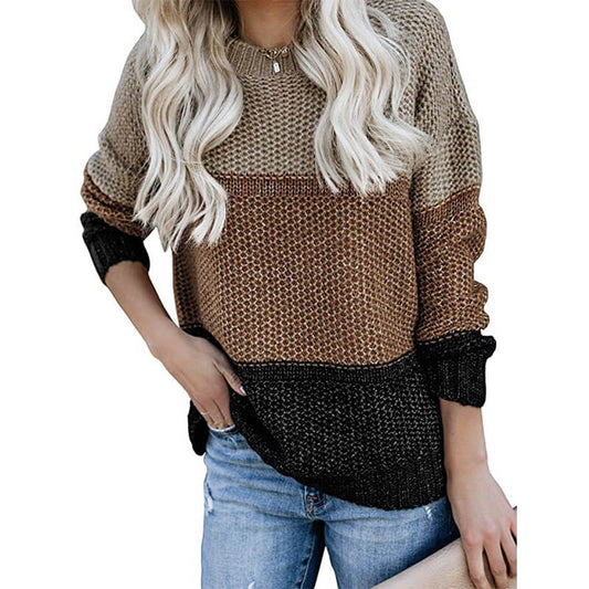 Round Neck Stripe Loose Long Sleeve Women Sweater