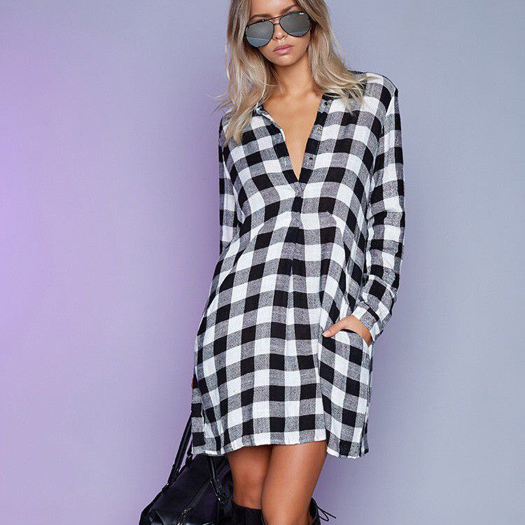 V-neck Plaid Long Sleeves Long Blouse