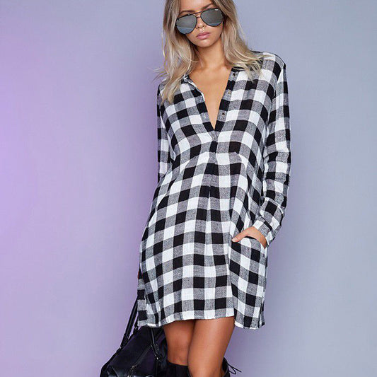 V-neck Plaid Long Sleeves Long Blouse