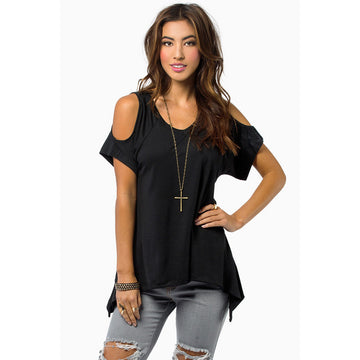 Scoop Bear Shoulder Irregular Pure Color Short Sleeves T-shirt