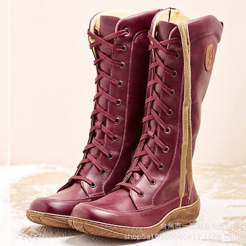 Knee High Leather Lace Up Flat Boots