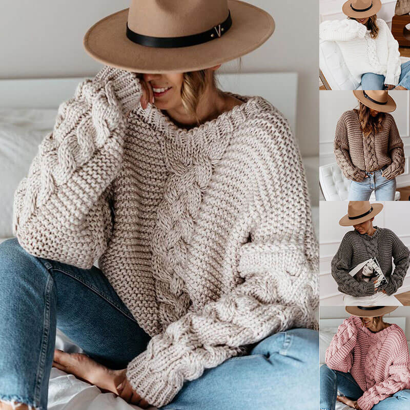 Soild V Neck Cable Knitted Sweater