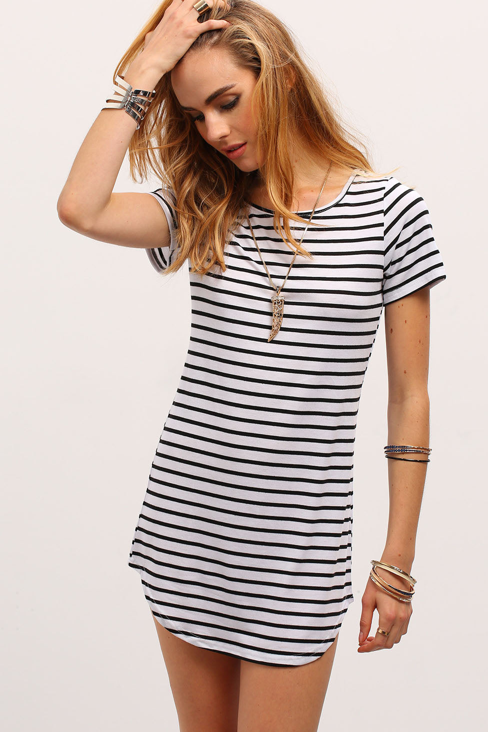 Short Sleeves Stripe Irregular Short Dress